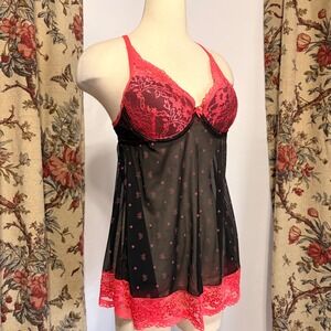 Tracy Stunning Pink and Black Mesh Polka Dot Bow Lace Babydoll Lingerie Tank top
